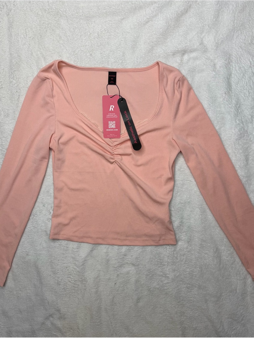 ROMWE Soft peachy Pink Long Sleeve Ruched Front Top